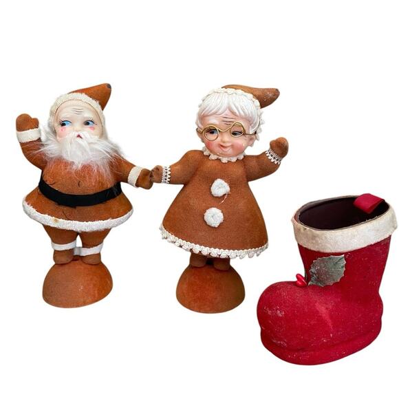 Vintage Flocked Christmas Santa Mrs. Claus Boot Planter Mid Century Modern LOT 3 - Picture 1 of 12